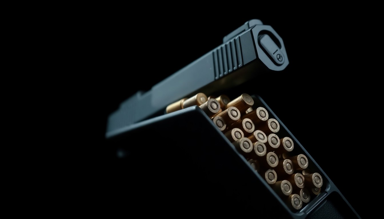 An extreme close-up photograph of a handgun magazine filled with ammunition, lit by a harsh, direct camera flash against a pitch-black background, conceptually illustrating the dangerous mix of guns and drugs involved in this crime.