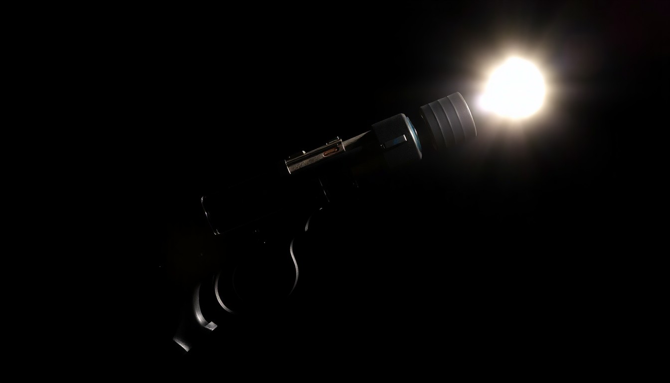 An extreme close-up photograph of a disassembled machine gun component, such as a trigger or magazine, lit by a harsh, direct camera flash against a pitch-black background, conceptually illustrating the public safety risks posed by illegal firearms at school events.