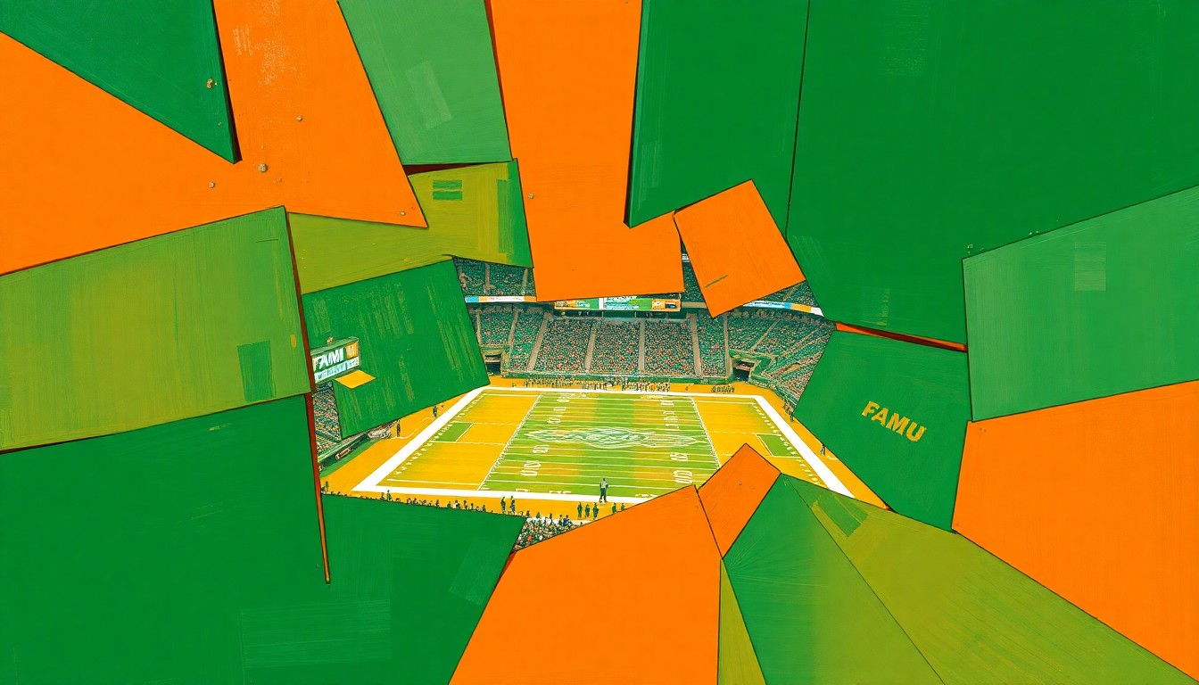A vibrant, cubist-style painting featuring overlapping geometric shapes and planes in shades of orange and green, conceptually representing the energy and momentum behind FAMU's efforts to boost funding and support for its sports teams.