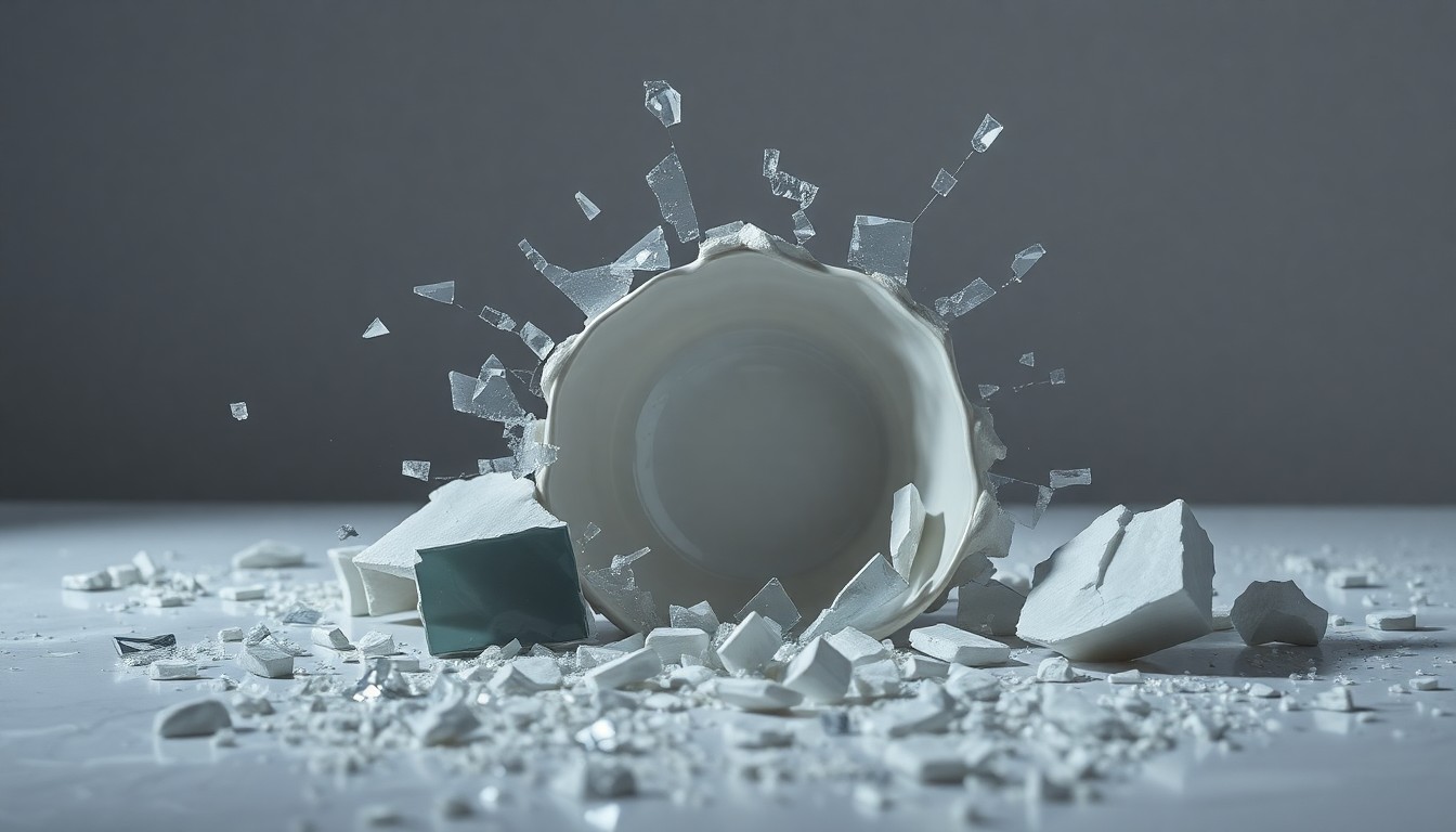 An abstract, high-contrast close-up image of shattered glass and cracked ceramic, conveying a sense of fragmentation and chaos through the use of dramatic studio lighting and extreme macro photography.