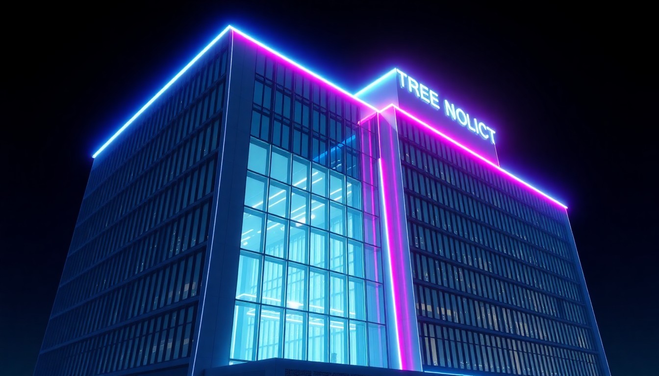 A glowing, futuristic 3D illustration of a large, angular office building with pulsing neon-blue and magenta lights, representing the advanced technology and infrastructure of xAI's new facility in Memphis.