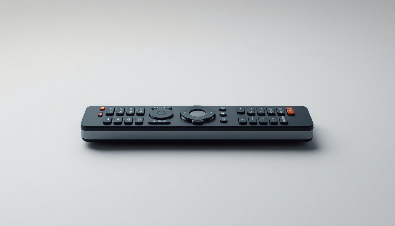 A photorealistic studio still life featuring a single, elegant remote control made of polished metal and glass, floating on a clean, monochromatic background, conceptually representing the premium technology that has defined Netflix's success.
