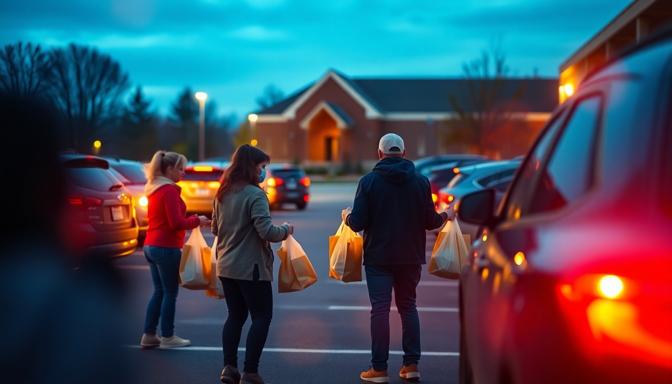 An abstract, impressionistic photograph showing the blurred silhouettes of volunteers distributing grocery bags to people, with soft, warm pools of light and color in the background, conveying the compassionate spirit of a community-driven food distribution event.