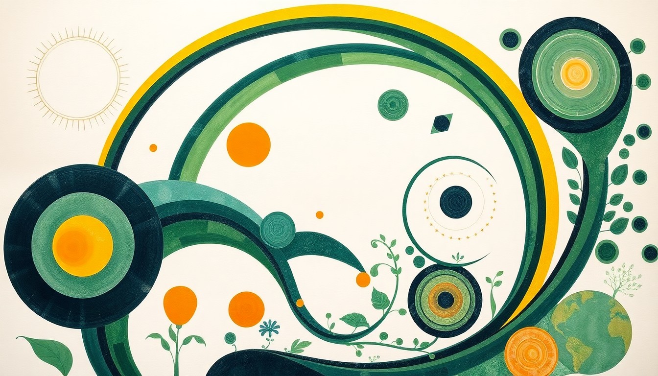 A bold, abstract painting in the style of Hilma af Klint, featuring sweeping geometric arcs, concentric circular motifs, and precise botanical spirals in a vibrant color palette of greens, yellows, and blues, conceptually representing the interconnected systems of renewable energy, sustainable agriculture, and environmental conservation.