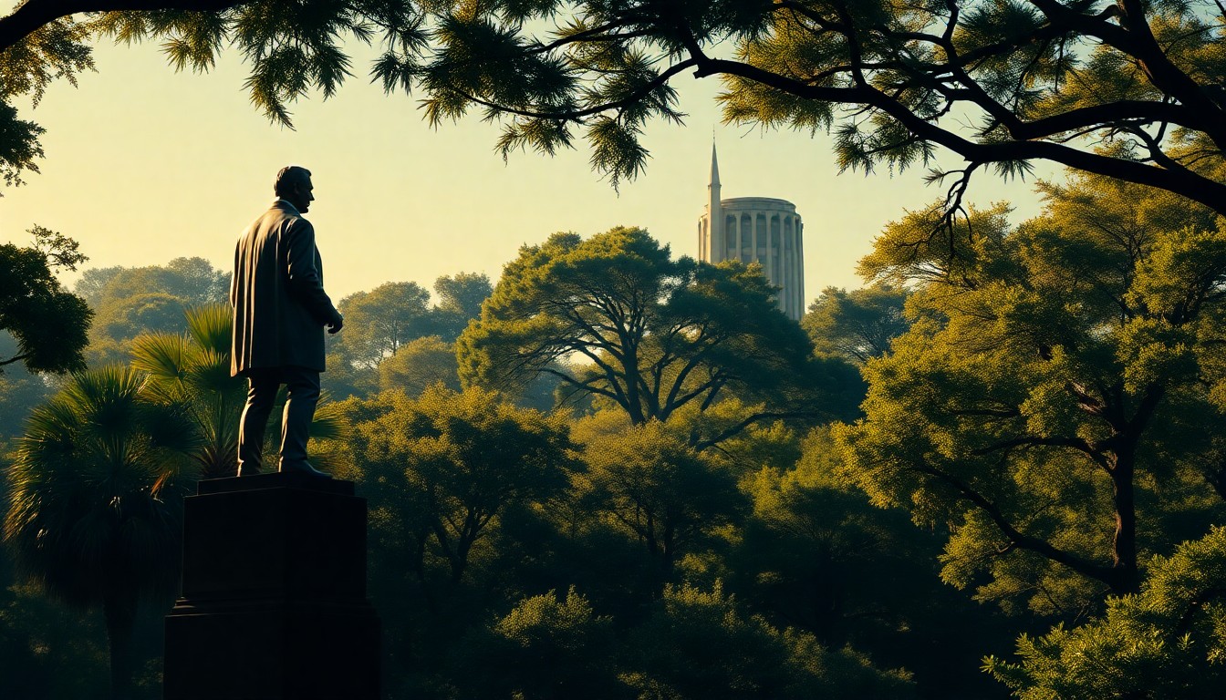 A painting in the style of Edward Hopper, depicting a bronze statue of President Calvin Coolidge overlooking the lush, verdant Bok Tower Gardens, bathed in warm, diagonal sunlight and deep shadows.