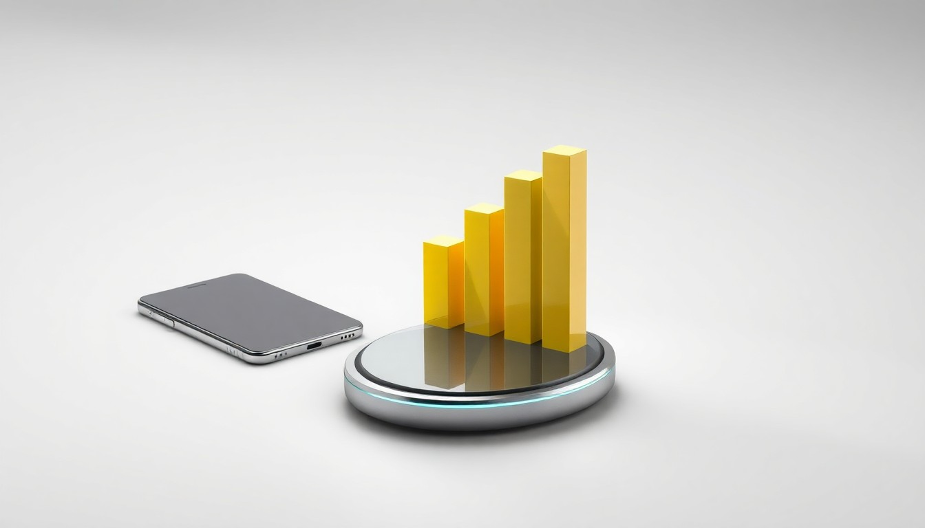 A photorealistic studio still life featuring a polished metal smartphone, wireless charging pad, and stylized 3D bar graph, symbolizing the digital connectivity and financial performance of a major Ukrainian telecom company.