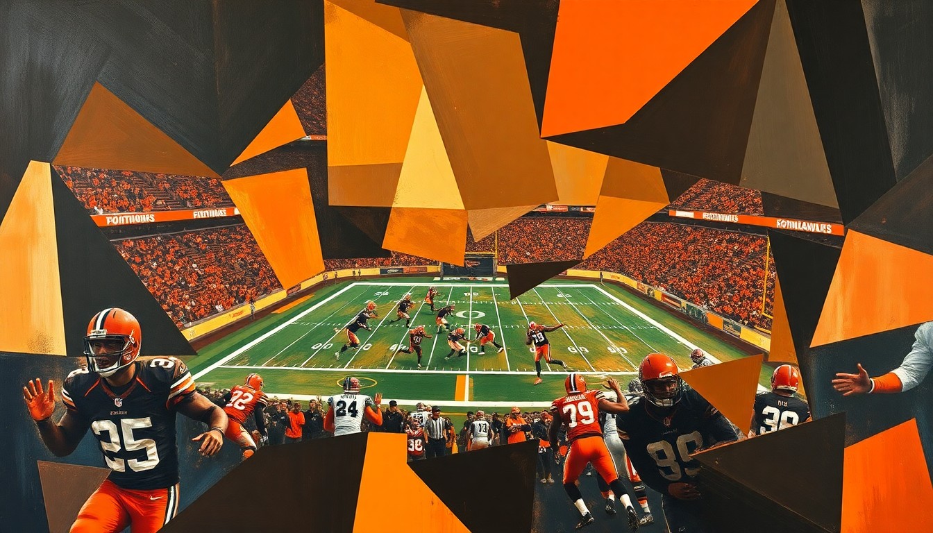 A cubist, geometric painting depicting a fractured, abstracted football game, with players and the field broken down into sharp, overlapping planes of dark browns, oranges, and blues, representing the complex financial challenges facing the Cleveland Browns' quarterback situation.