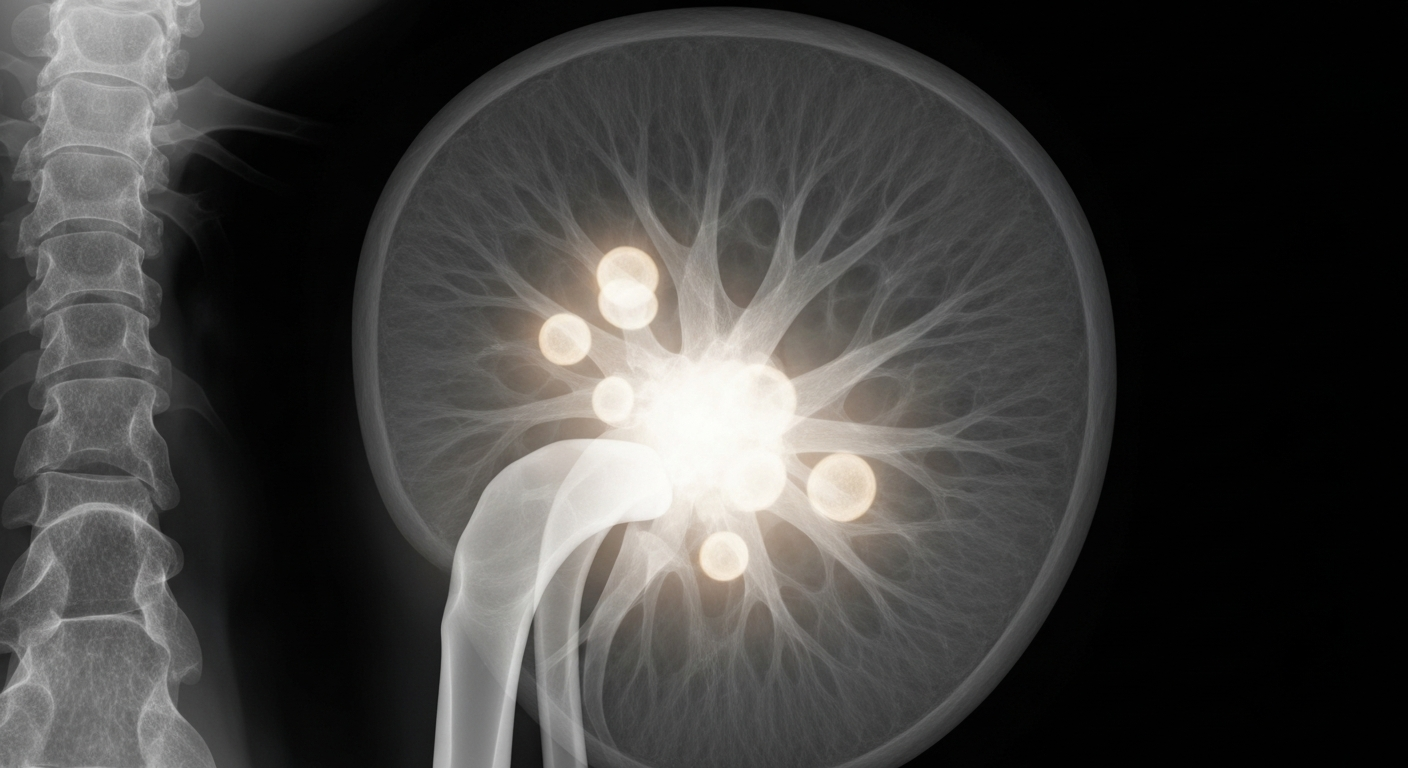 A ghostly, translucent X-ray photograph revealing the internal structures of a kidney tumor as glowing lines against a dark background, conceptually illustrating the advanced imaging techniques used to study this new cancer treatment approach.