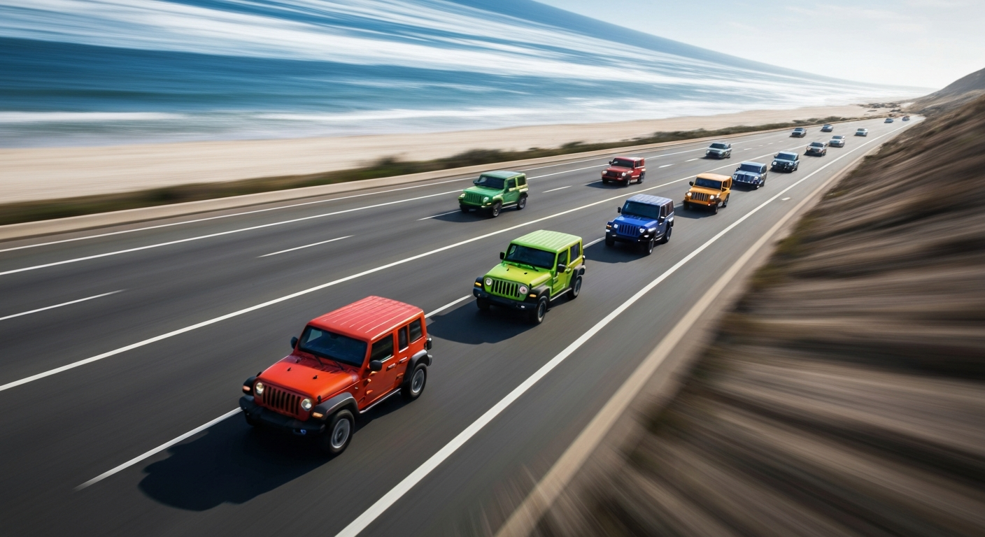 An abstract, blurred image of several Jeep vehicles in motion, conveying the speed, energy, and excitement of the Jeep Beach event.