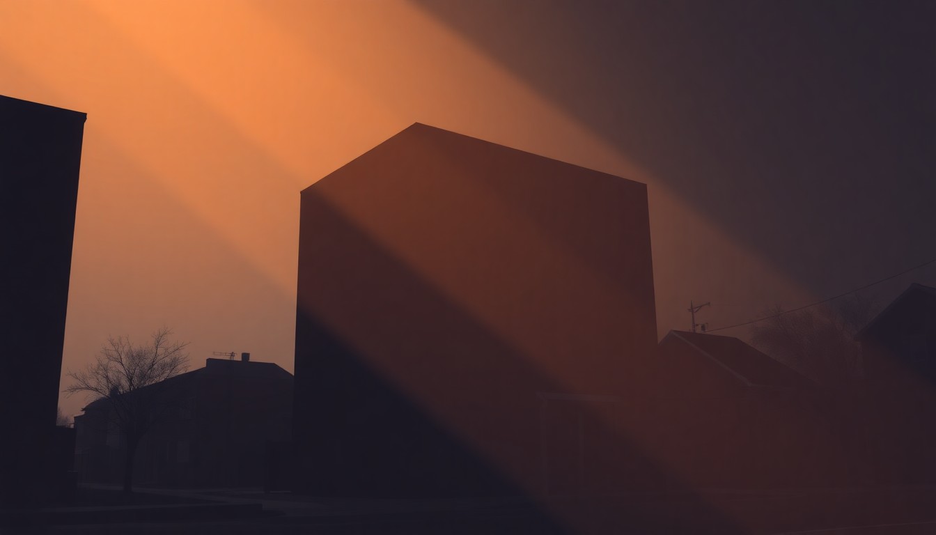 A detailed, photorealistic painting of a multi-story apartment building in warm, golden sunlight, with deep shadows across the facade, conceptually representing the housing affordability challenges facing Providence residents.