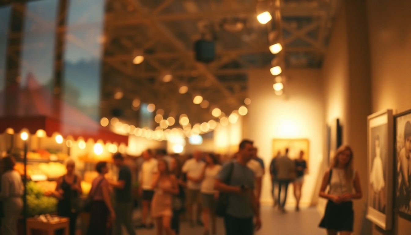 An abstract, out-of-focus photograph composed of blurred, colorful scenes depicting people engaged in various lifestyle activities like browsing a farmers market, listening to live music, and exploring an art gallery, all captured in a soft, atmospheric style.