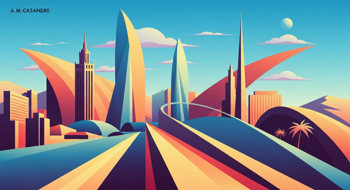 A highly stylized, geometric illustration depicting the grand scale of international travel and tourism, with sweeping gradients, towering architectural forms, and sleek, streamlined shapes, capturing the excitement and anticipation surrounding the 2026 World Cup in the Cascadia region.