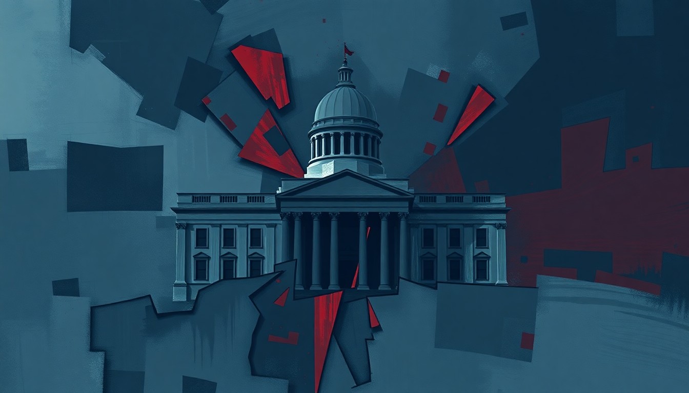 A dynamic, fragmented painting in shades of navy, gray, and red depicting an abstract government building or political symbol, conveying a sense of instability and tension in the relationship between the president and intelligence community.