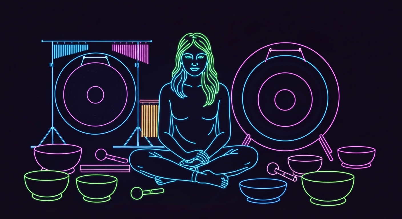 A glowing neon outline illustration depicting a person sitting in a meditative pose surrounded by various sound healing instruments like Tibetan singing bowls and gongs, conceptually representing the holistic wellness services offered at Airmid Vibrations.