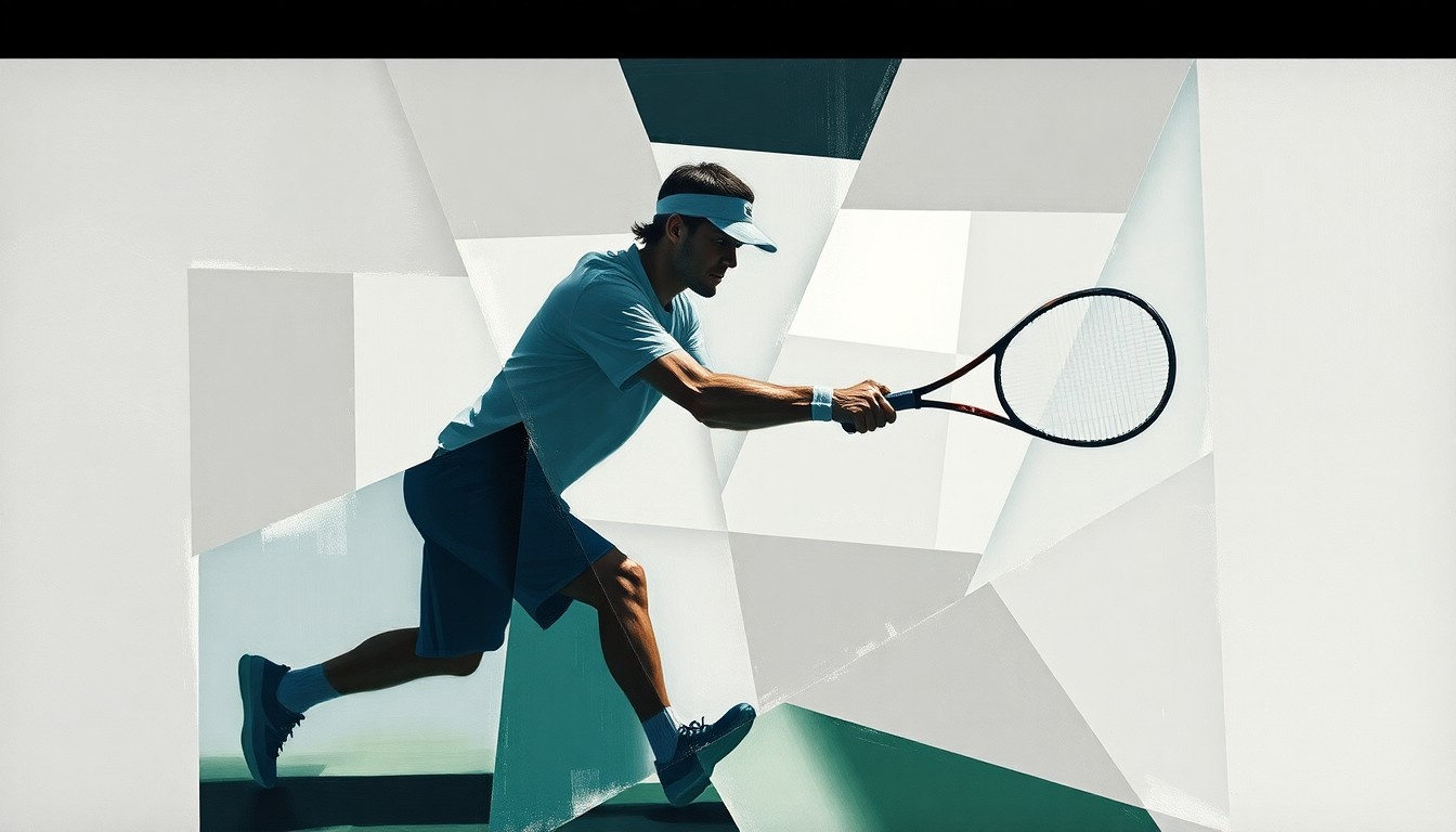 A cubist-style painting depicting the fractured, geometric silhouette of a tennis player in motion, rendered in a muted color palette, conceptually representing the impact of Djokovic's absence from the Madrid Open.