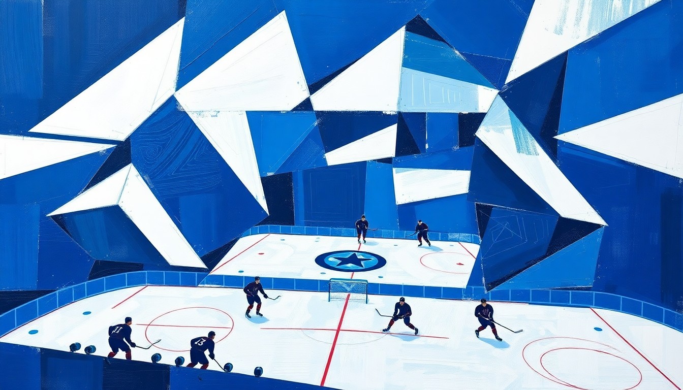 A cubist, geometric painting depicting a hockey practice or game, with sharp, overlapping planes of navy blue, royal blue, and white, conveying the intensity and discipline of the Sabres' preparation for the playoffs.