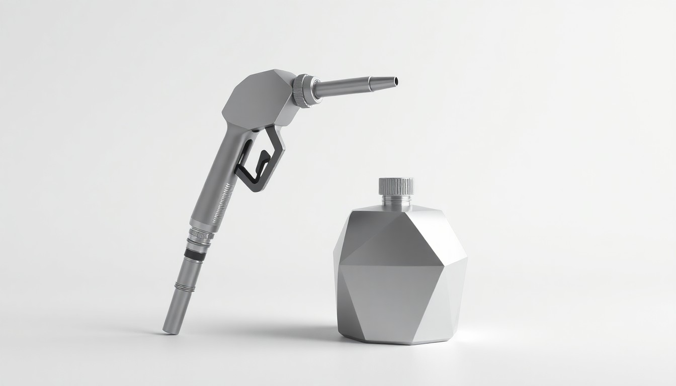 A close-up photograph of a polished metal fuel pump nozzle and a sleek, geometric fuel canister arranged elegantly on a clean, monochromatic background, conceptually representing the abstract business of fuel distribution.