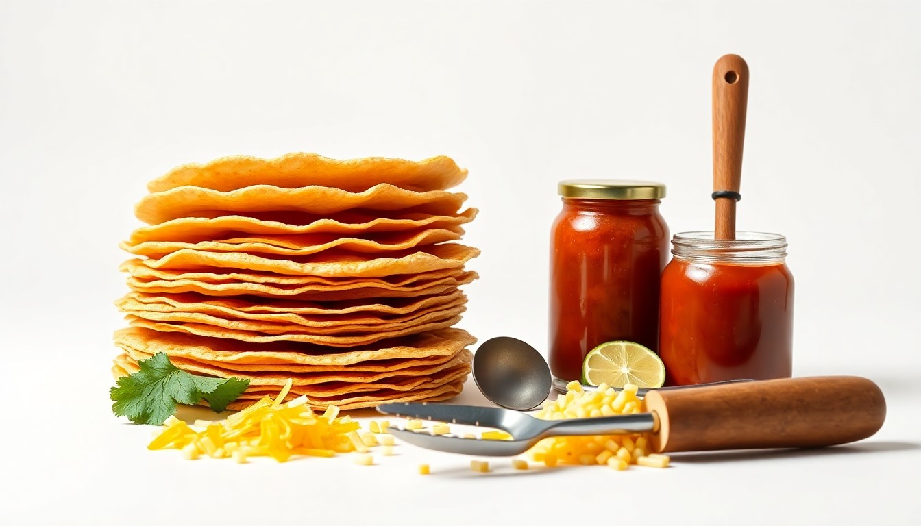 A high-quality, photorealistic studio still life featuring a stack of colorful corn tortillas, a jar of salsa, and a set of taco-making tools arranged elegantly on a clean, white background, symbolizing the concepts of entrepreneurship, perseverance, and community support.