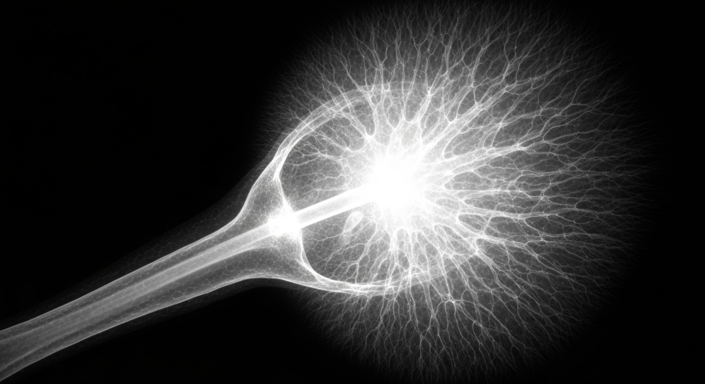 A translucent, ghostly X-ray image showing the intricate internal structure of a wart, with a network of glowing veins and capillaries visible against a dark background, conceptually illustrating the viral cause of warts.