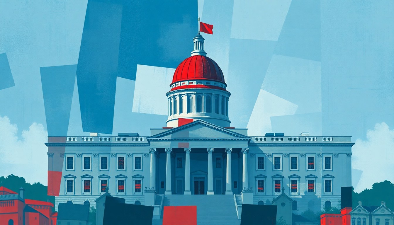 A vibrant, fragmented painting featuring overlapping geometric shapes and lines in shades of blue, grey, and red, conceptually representing the complex political debate over government surveillance authorities.