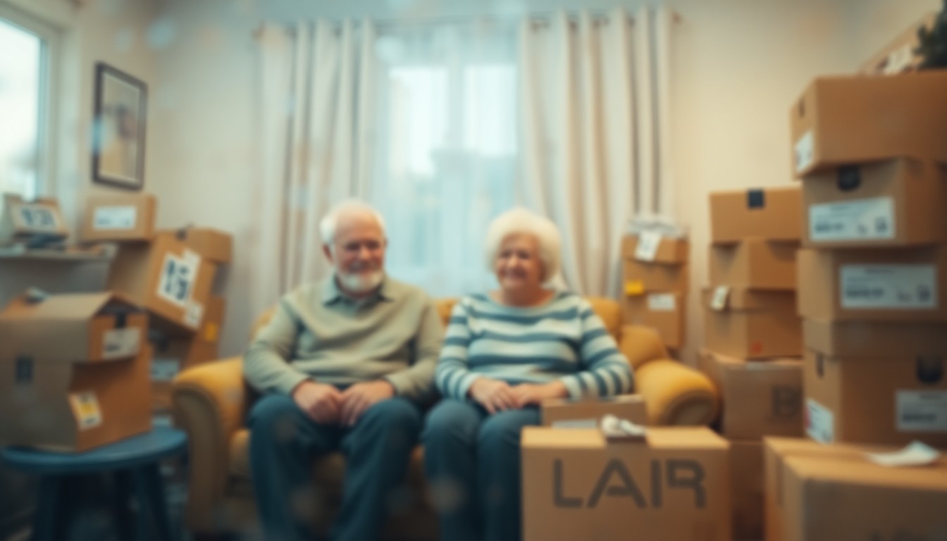 An abstract, impressionistic photograph showing an elderly couple sitting together in a living room, surrounded by stacks of cardboard boxes and online shopping packages, conveying the emotional impact of excessive e-commerce on their relationship.