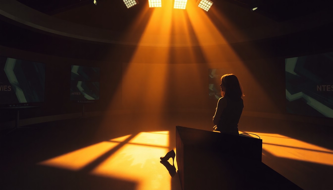 A cinematic painting of a solitary female news anchor sitting in a dimly lit TV studio, with warm sunlight and deep shadows creating a melancholic and isolated mood.