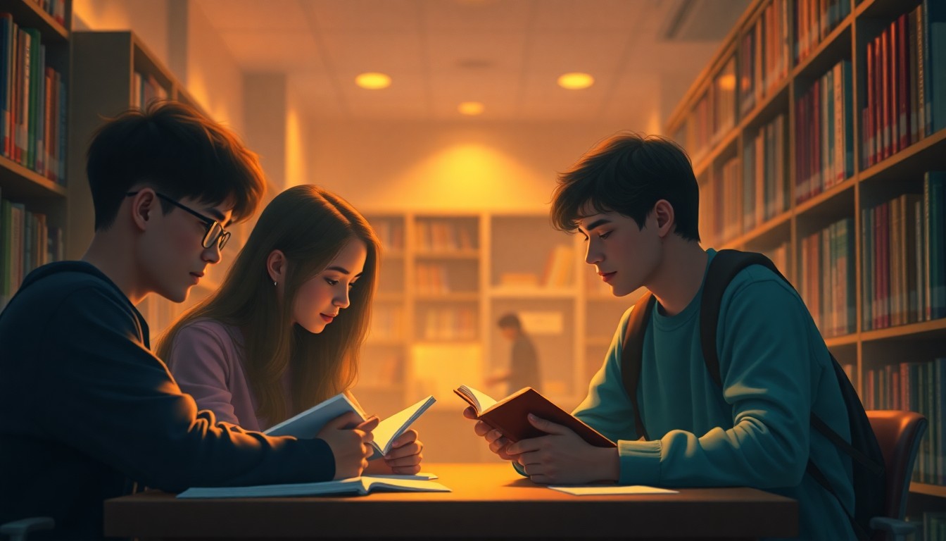 An abstract, impressionistic scene of high school students studying together, with soft, blurred brushstrokes of warm light and color creating an intimate, reflective mood.