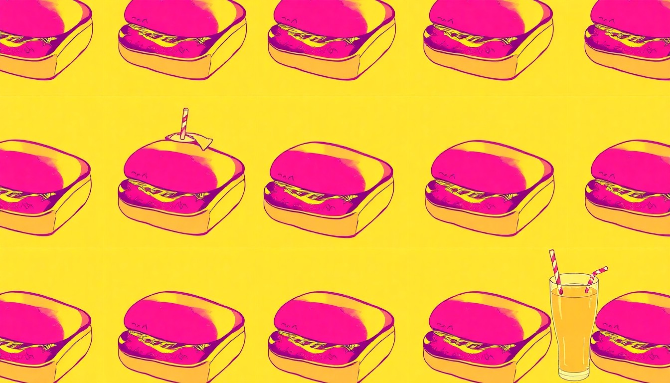 A high-contrast silkscreen print in vibrant neon colors depicting a repeated grid of a single iconic Southern food item, conceptually representing the new café's blend of historic charm and contemporary style.