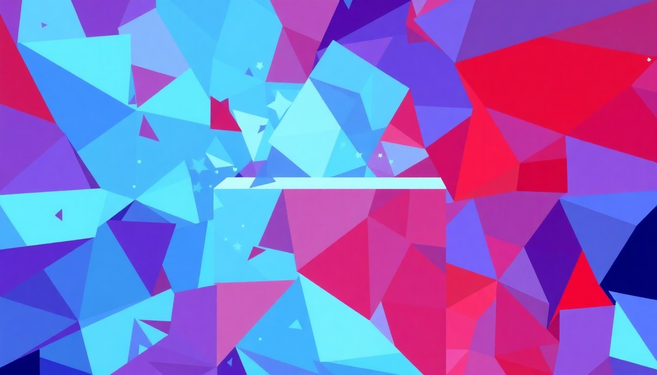 A vibrant, fractured painting of a voting booth in overlapping geometric shapes and waves of blue, red, and purple, conveying the dynamic energy and political changes of a special election.