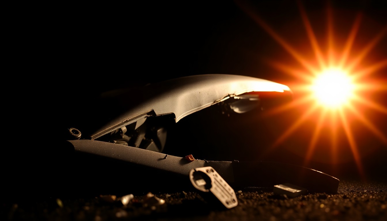 An extreme close-up photograph of a damaged car part or piece of debris from a crash site, lit by a harsh, direct camera flash against a pitch-black background, conveying a stark, gritty, investigative aesthetic.