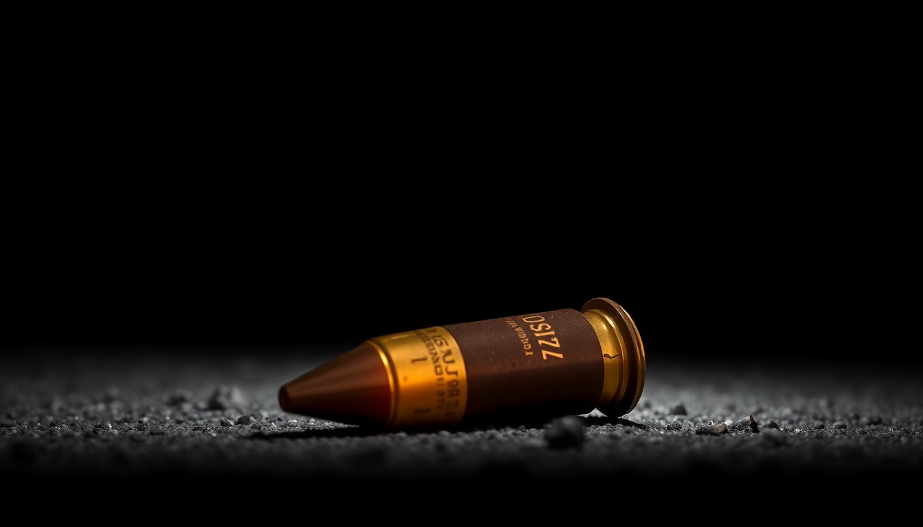 An extreme close-up of a spent shell casing on the ground, reflecting a harsh, direct camera flash in the darkness, conveying the gritty, investigative nature of this crime scene.