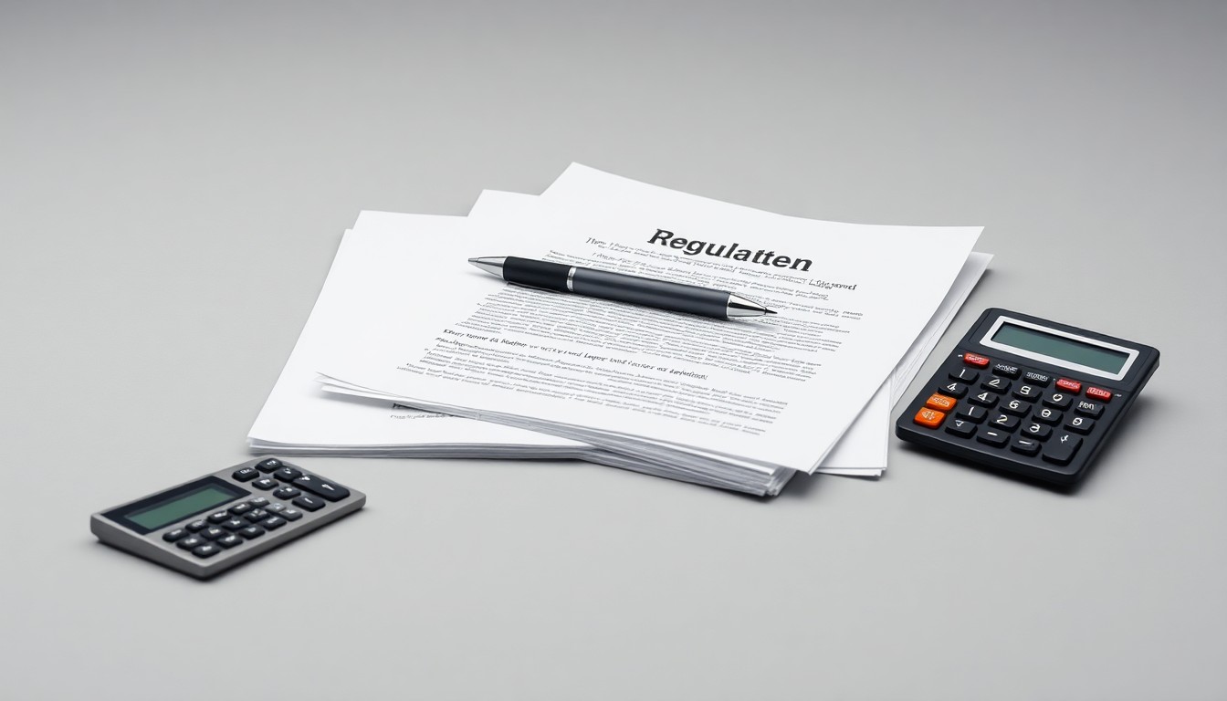 A photorealistic studio still life featuring a stack of legal documents, a pen, and a calculator on a clean grey background, symbolizing the complex regulatory review process facing the proposed media merger.