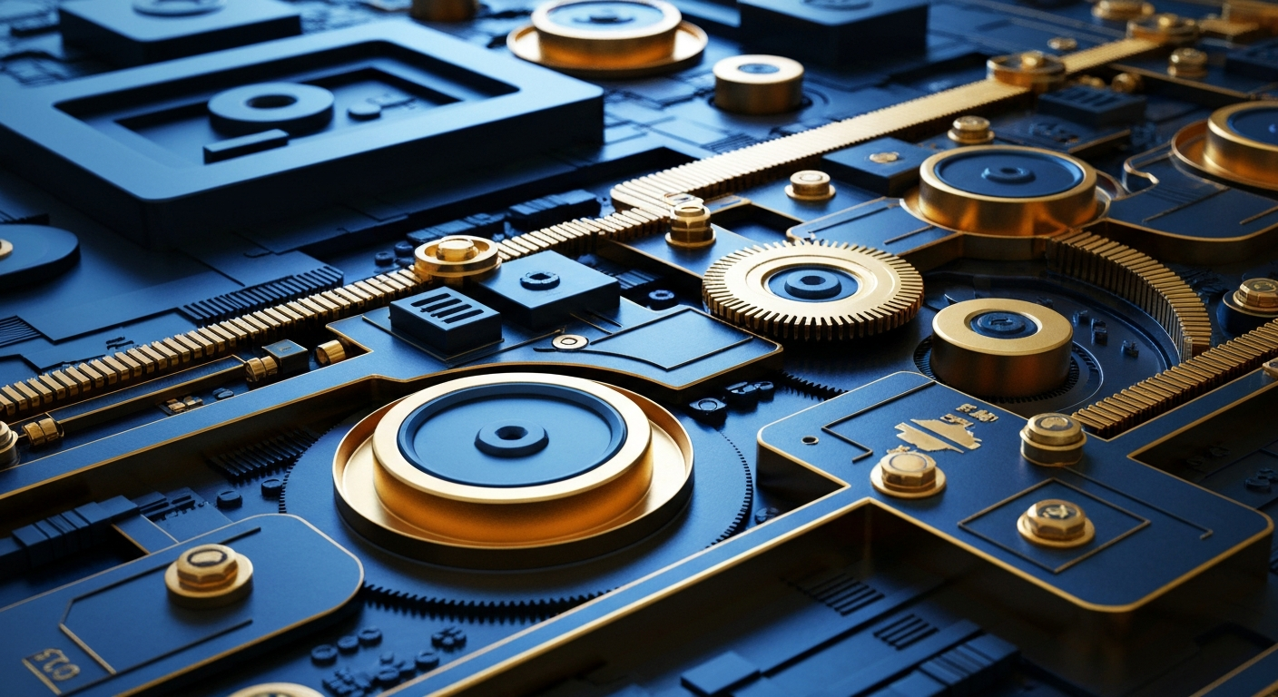 An extreme close-up of intricately engineered mechanical components in shades of silver, black, and steel blue, conceptually representing the complex financial infrastructure powering Rocket Companies' digital mortgage platform.