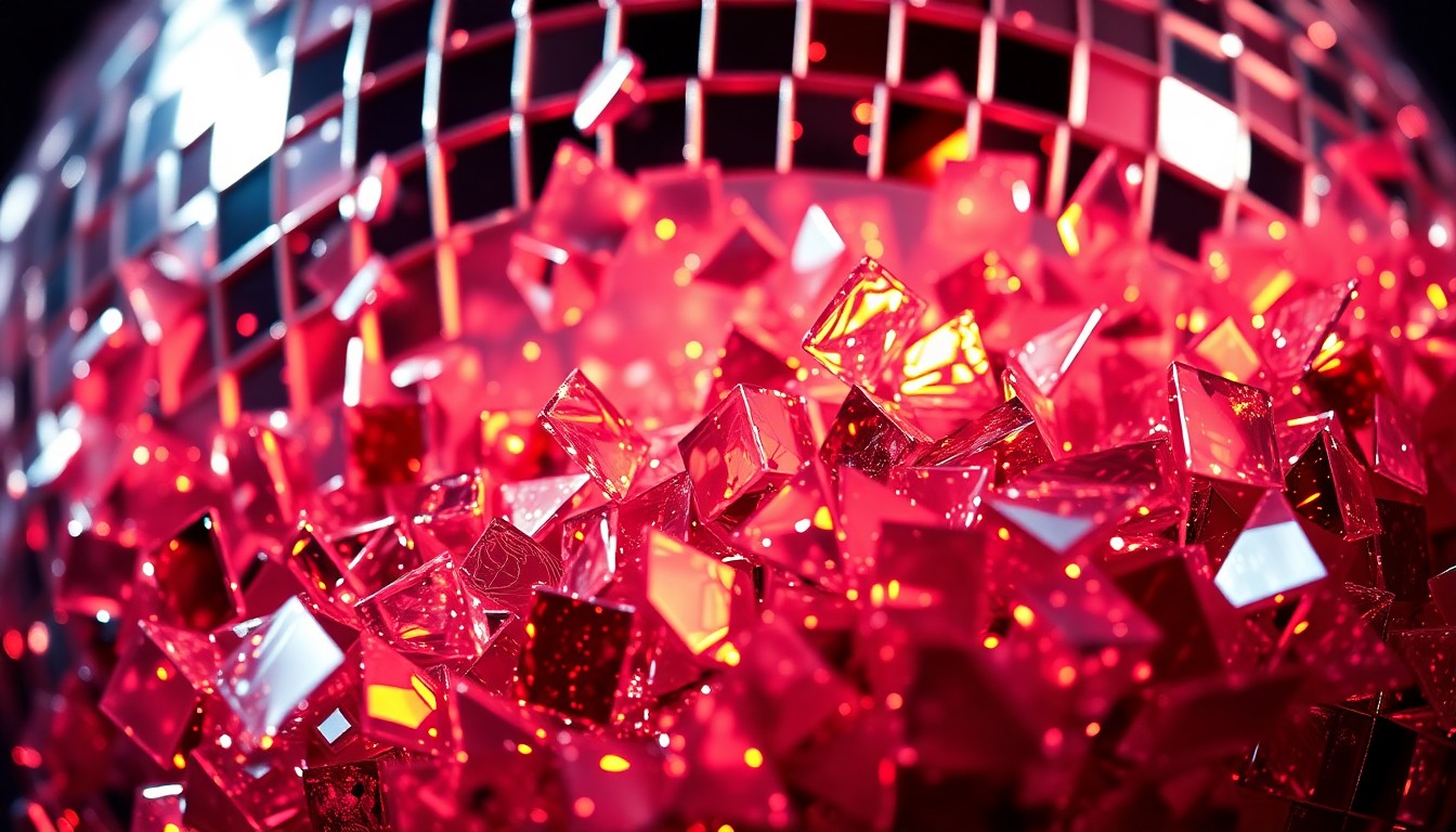 An abstract close-up image of shattered, glittering disco ball glass fragments captured in dramatic, high-contrast studio lighting, conveying the glitz and energy of the latest music news.