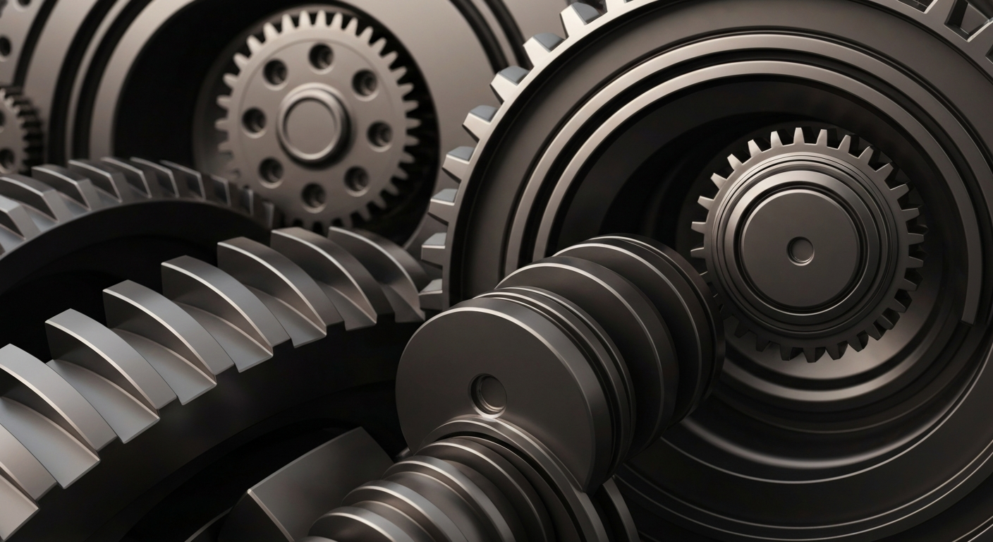 A cinematic close-up of heavy, polished metal gears and machinery in shades of gunmetal grey, bronze, and black, conceptually representing the industrial power and precision of the semiconductor manufacturing process.