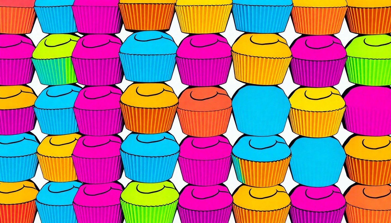 A bold, graphic illustration of a repeating pattern of brightly colored cupcakes in a pop art style, capturing the celebratory energy of school activities.