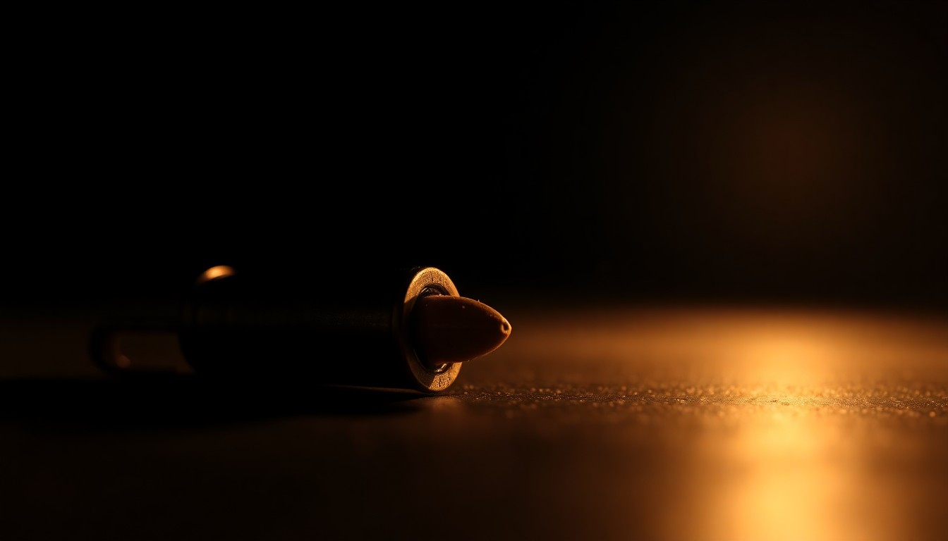 An extreme close-up of a shiny spent bullet casing resting on a dark surface, conceptually representing the aftermath of a shooting incident at a nightclub.