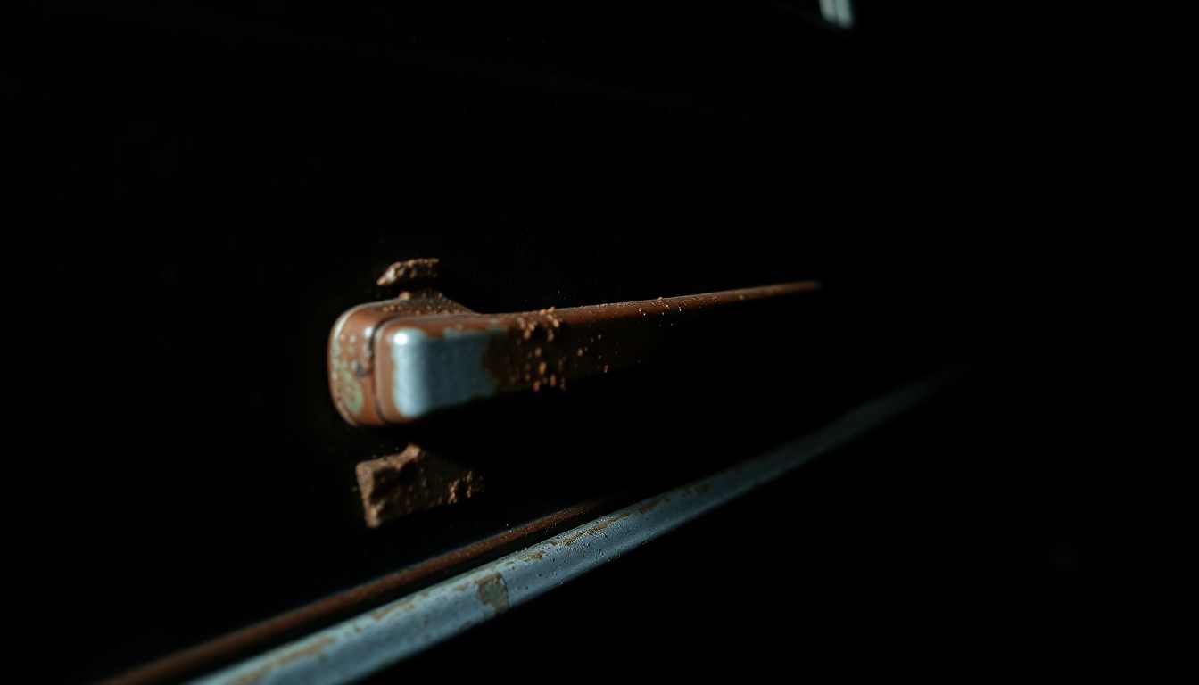 An extreme close-up photograph of a rusted car door handle, the harsh lighting and dark background creating a stark, gritty aesthetic that conceptually represents the investigative nature of this decades-old crime case.
