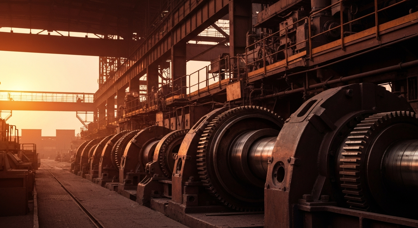An extreme close-up of gears, levers, and other heavy industrial machinery, conveying the tangible, physical nature of Greif's business without using any text or identifiable elements.