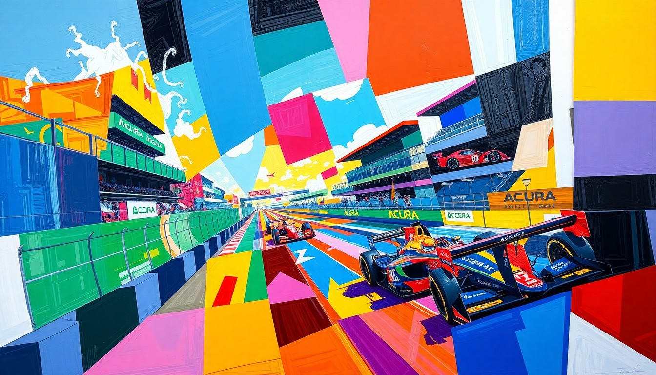 A fragmented, geometric painting depicting the Acura Grand Prix of Long Beach race in a cubist style, with overlapping planes of bright racing colors and dynamic motion.