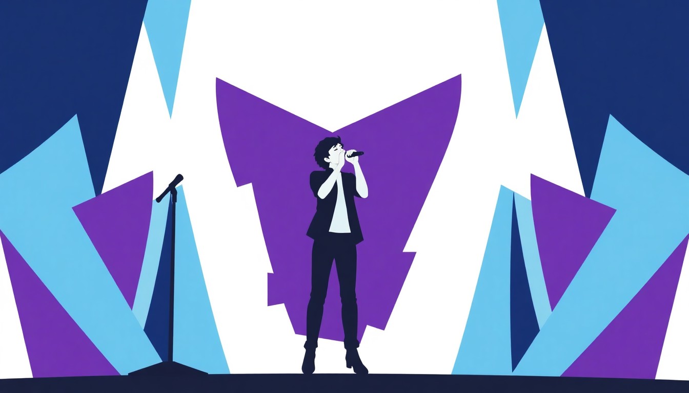 An abstract, minimalist illustration featuring jagged, geometric shapes in shades of blue, purple, and white, conceptually representing a young singer on a stage.