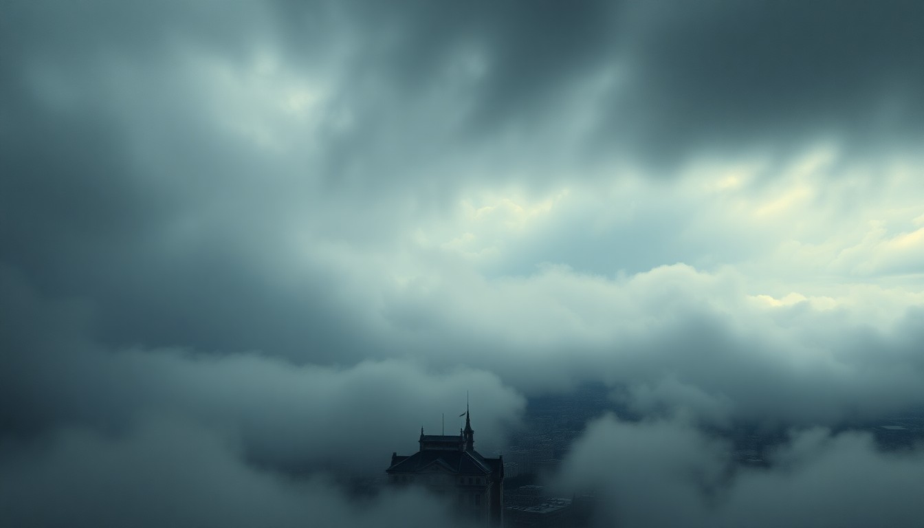 A sweeping, atmospheric landscape painting in muted tones of gray and blue, depicting a dense fog obscuring the distant skyline of a city, conveying the overwhelming power of nature and the unpredictability of the weather.