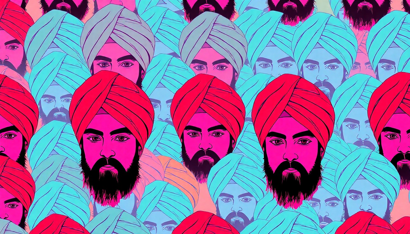 A highly stylized, abstract grid of brightly colored Sikh turbans, rendered in a bold, pop art silkscreen style that captures the energy and cultural significance of Stockton's annual Nagar Kirtan parade.
