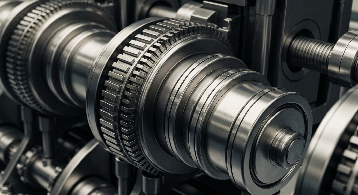 An extreme close-up of gleaming, intricately engineered banking machinery and components, conveying the industrial might and institutional power of the financial system.