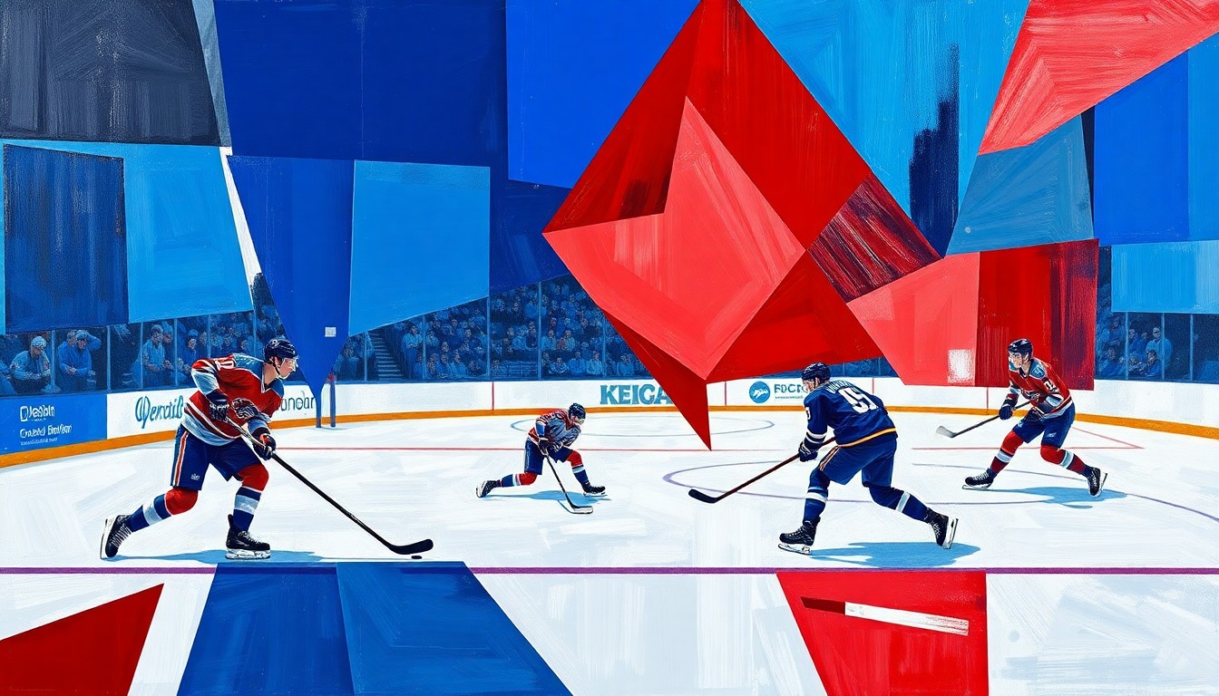 A cubist, geometric illustration depicting a hockey game broken down into overlapping planes of blue, red, and silver, capturing the dynamic energy and competition of the NHL playoffs.