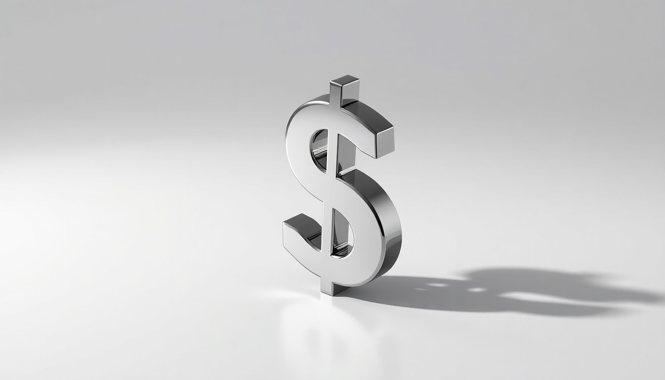A minimalist studio photograph featuring a polished metal dollar sign paperweight casting a dramatic shadow on a clean, monochromatic background, conceptually representing the abstract nature of corporate finance and stock market activity.
