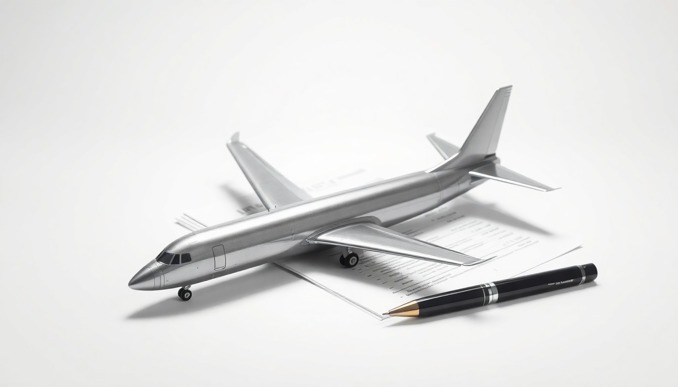 A photorealistic studio still life featuring a polished metal airplane model, a stack of financial documents, and a pen arranged elegantly on a clean, white background, conceptually representing the complex financial and regulatory environment of the aerospace and defense industry.