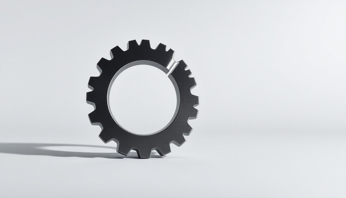 A close-up photograph of a polished metal sculpture in the shape of a broken gear or cog, resting on a clean, monochromatic background and dramatically lit to convey a sense of disruption and breakdown.