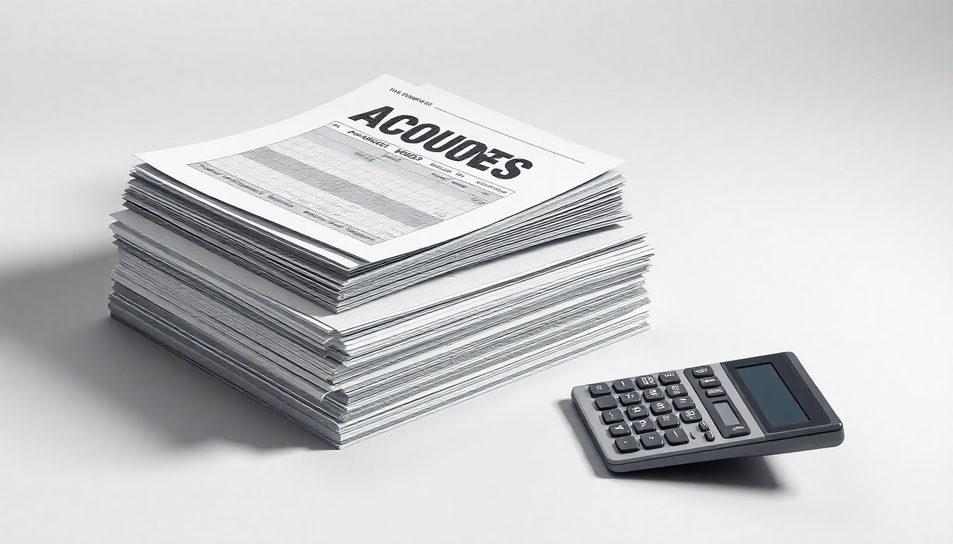 A photorealistic studio still-life image featuring a stack of accounting ledgers and a broken calculator on a clean, monochromatic background, conveying the abstract concepts of corporate finance, risk, and internal controls.