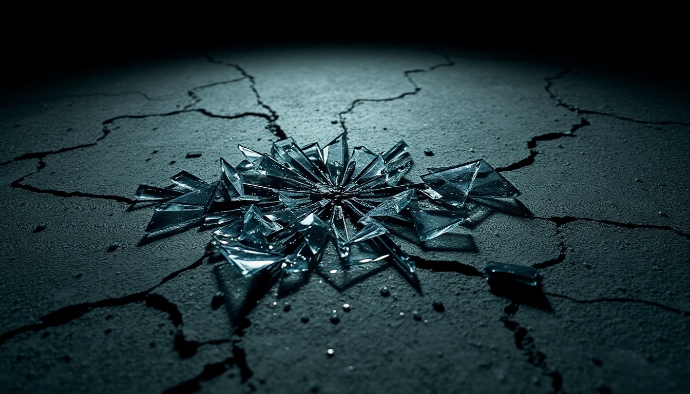 An extreme close-up of shattered glass and cracked concrete in high-contrast studio lighting, conceptually representing the gritty, dystopian tone of the 'Child 44' thriller.